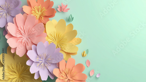 Colorful paper flowers pastel shades of pink, yellow, and purple are arranged soft green background, creating vibrant and cheerful design. composition includes various flower sizes and scattered
