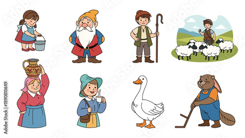 Selection of storybook characters including a gnome shepherd girl with bucket and a beaver using a farm plow tool for kids.