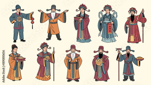Group of people in traditional ancient Chinese imperial court costumes in various poses and holding traditional objects.