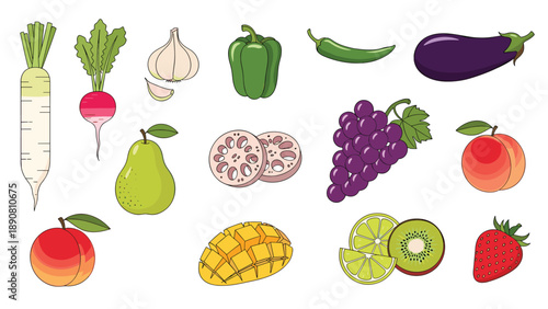 Healthy collection of fresh fruits and vegetables including radish, pear, pepper, eggplant, grapes, strawberry, mango, and kiwi.