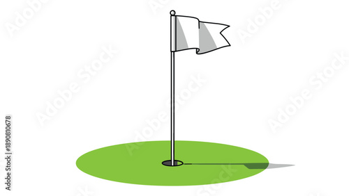 Simple illustration of a golf hole with a white flag standing on a green putting surface under a clear sky for sport theme.