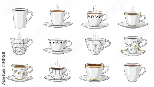 Elegant set of twelve white coffee cups and saucers with subtle patterns golden rims and steaming hot coffee for cafe menu.