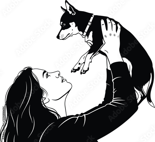 Silhouette of person holding small dog, affectionate pose, pet bonding moment, black vector illustration, canine love, human-animal connection, playful interaction, loyalty, joy, care