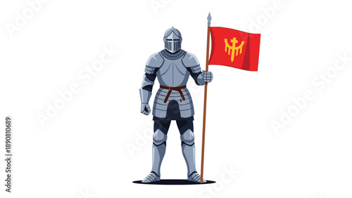 Noble knight in a full suit of silver plate armor standing tall and holding a red flag with a golden emblem on a long spear.