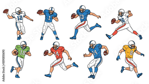Action-packed set of American football players in different uniforms and poses like throwing, running, and catching the ball.