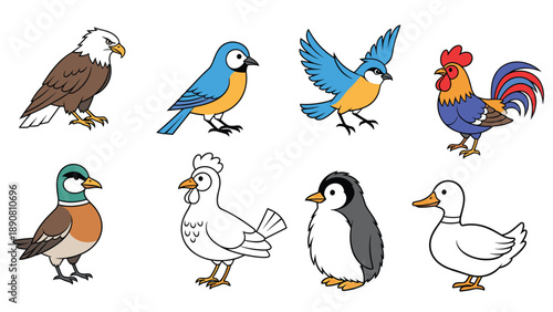 Diverse collection of eight different bird species including a bald eagle, bluebird, rooster, duck, pheasant, hen, and penguin.