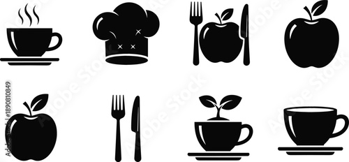 Healthy eating and culinary silhouette icon set with chef hat, apple, coffee cup, and sprout for restaurant and nutrition branding vector
