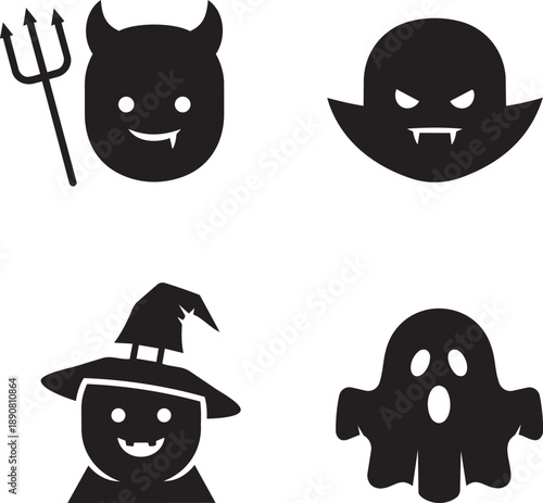 Four black silhouettes of Halloween characters, including a devil, ghost, and witch, on a white background viewed from the front