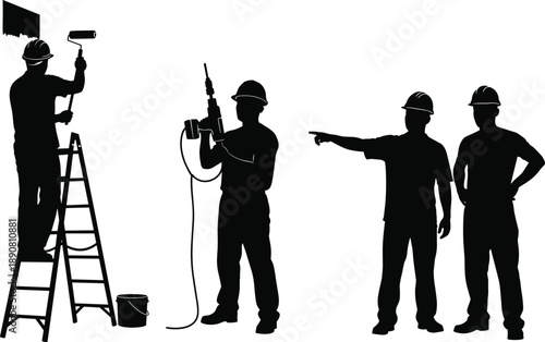 Silhouettes of construction workers, painting, drilling, supervising, teamwork on site, black vector illustration, hard hats, industrial labor, building tasks, safety gear, job roles