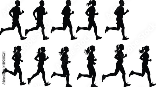 PrintSilhouettes of male and female runners, athletic poses, running stride stages, black vector illustration, fitness motion, sports training, human movement, exercise, health, speed