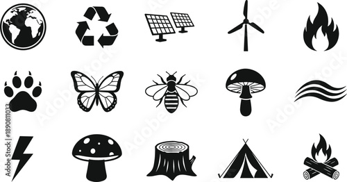 Nature and sustainability silhouette icon set with recycling, renewable energy, wildlife, and camping symbols vector