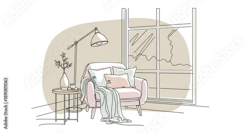 Cozy armchair with blanket and lamp in a stylish room.