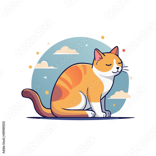 Serene orange cat sitting peacefully outdoors with eyes closed, vector illustration of domestic bliss