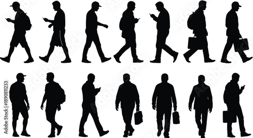 Silhouettes of people walking, casual and business attire, backpacks, briefcases, mobile phones, urban lifestyle, black vector illustration, human motion, technology use, posture variety