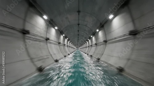 Sweeping aerial drone shot traveling quickly down a long, circular concrete aqueduct conduit deep within a fictional subterranean water facility architecture, fast, modern