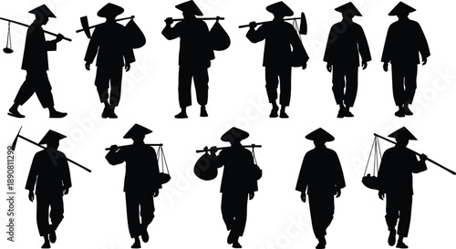 Silhouettes of traditional Asian workers, conical hats, shoulder poles, manual labor, rural lifestyle, farming tools, walking poses, black vector illustration, cultural heritage, agriculture