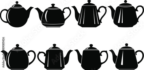 Teapot silhouette collection, vintage design, black icons, classic shapes, kitchenware illustration, elegant spouts, handle variety, lid styles, decorative layout, symmetrical grid, retro kitchen