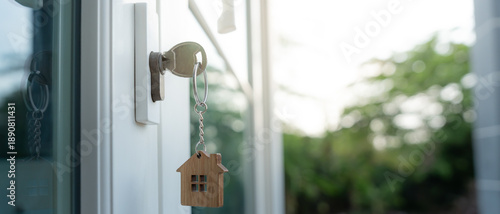 Fotografie Landlord key for unlocking house is plugged into the door