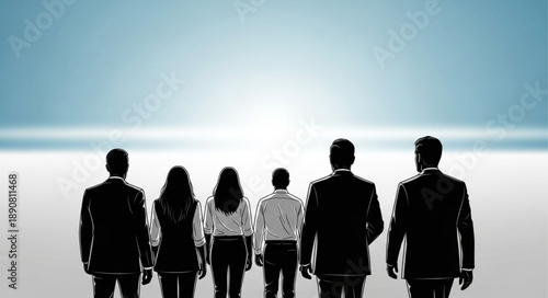 Diverse group of business professionals standing together looking forward.