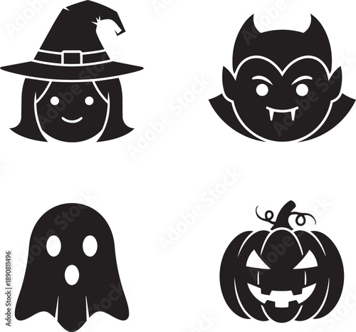 Four Halloween icons featuring a witch, vampire, ghost, and pumpkin, symbolizing the spooky spirit of the holiday season in a simple, monochromatic design.