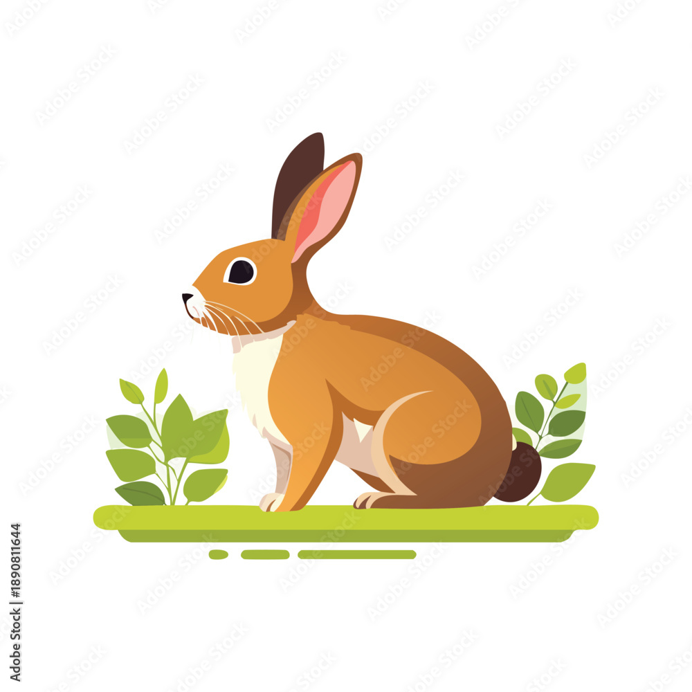Fototapeta premium Illustration of a rabbit sitting on a green surface surrounded by leaves viewed from the side
