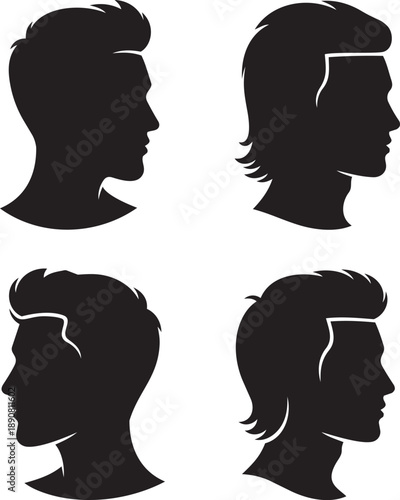 Collection of silhouetted male profiles showcasing diverse hairstyles in a minimalist design