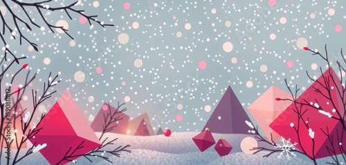 Abstract winter scene with festive geometric shapes and muted colors,  design,  holiday card