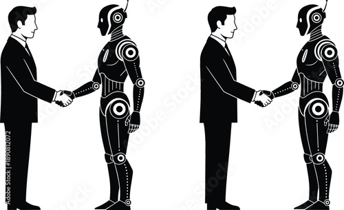 Human businessman shaking hands with humanoid robot silhouette for AI collaboration and future of work branding vector