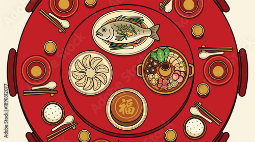 Traditional Chinese Banquet Table Setting Featuring Dishes and Utensils