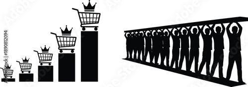 E-commerce retail growth chart with crowned shopping carts and collective teamwork lifting beam silhouette vector