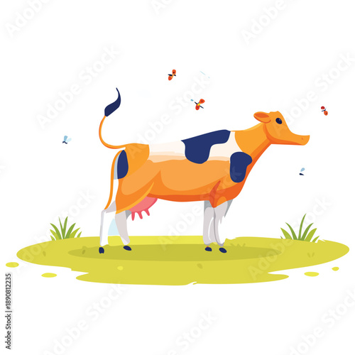 Vector illustration of a cow standing on a grassy area surrounded by flying insects in a natural environment from a side viewpoint like c105.eps