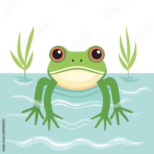 A green cartoon frog sits calmly in the water with aquatic plants surrounding it, viewed from a straight-on perspective with c109.eps style elements.