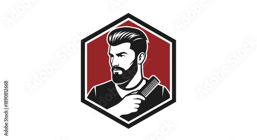 Barber Shop Logo Featuring a Stylish Bearded Man Holding a Comb.