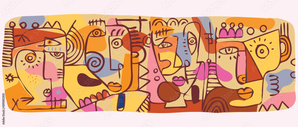 Fototapeta premium Abstraction face portrait wall art vector illustration. Creative graphic design with shapes, decorative, geometric, line art, cubism, doodle.