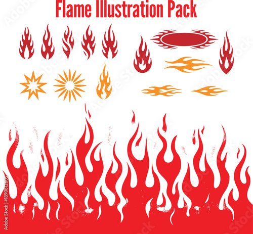 Vibrant collection of red and orange flame illustrations featuring various styles and fire shapes