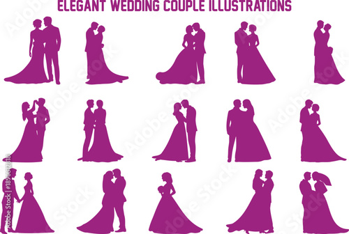 A collection of elegant purple wedding couple silhouettes in various romantic poses and embraces