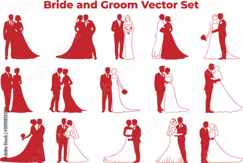 A collection of romantic bride and groom silhouette couples posing together on their wedding day