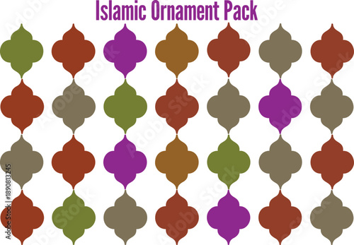 An array of diverse colored Islamic geometric ornaments arranged in a pleasing grid pattern