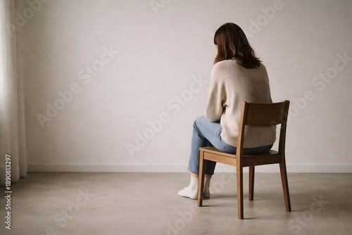 A solitary person sitting on a chair in an empty room, expressing emotional distance, quiet isolation, introspection, and the subtle weight of unspoken thoughts.