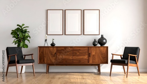 Mid-century living room with wooden credenza, chairs, and framed art