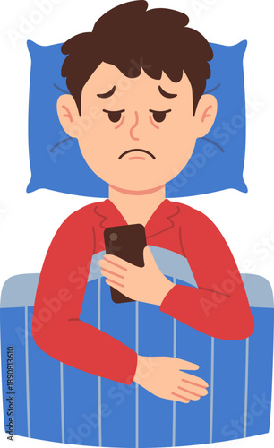 Insomnia Illustration of Young Man in Bed with Phone
