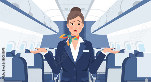 Flight Delay Announcement, Flight Attendant, Aircraft Cabin, Illustration, Tense, Interior, Confusion