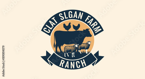 Clat Slgan Farm Ranch Logo with Cow Sheep and Chickens.