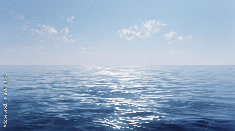 Fototapeta premium A vast expanse of tranquil ocean under a clear, cloud-dotted sky. The water reflects the sunlight, creating a shimmering effect
