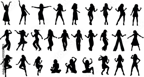 Silhouette set of happy young women dancing and posing in fashionable dresses for party celebration vector illustration collection.