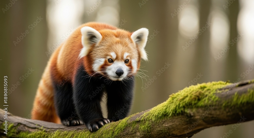 Fototapeta premium Red panda on a mossy branch, looking alert in a blurred forest setting