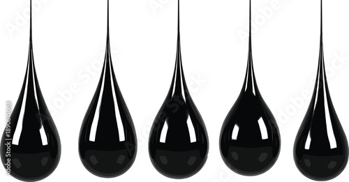 Vector illustration of five glossy black liquid droplets suspended in mid-air with teardrop shapes