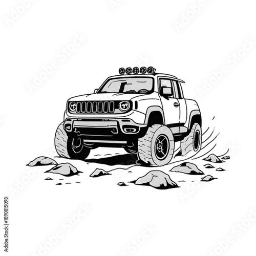 Vector illustration of an off road car driving on a rocky road, for design