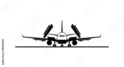 Airplane Takes Off, Aircraft in Action, Airport Runway, Illustration, Sky, Front View, Aviation Concept