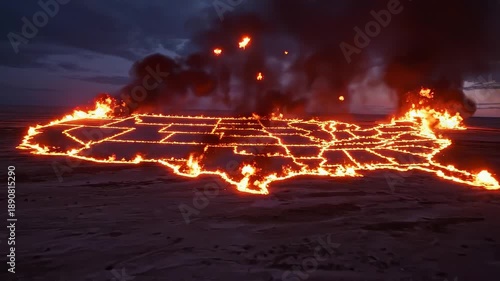 USA map on fire burning at dusk in desolate landscape